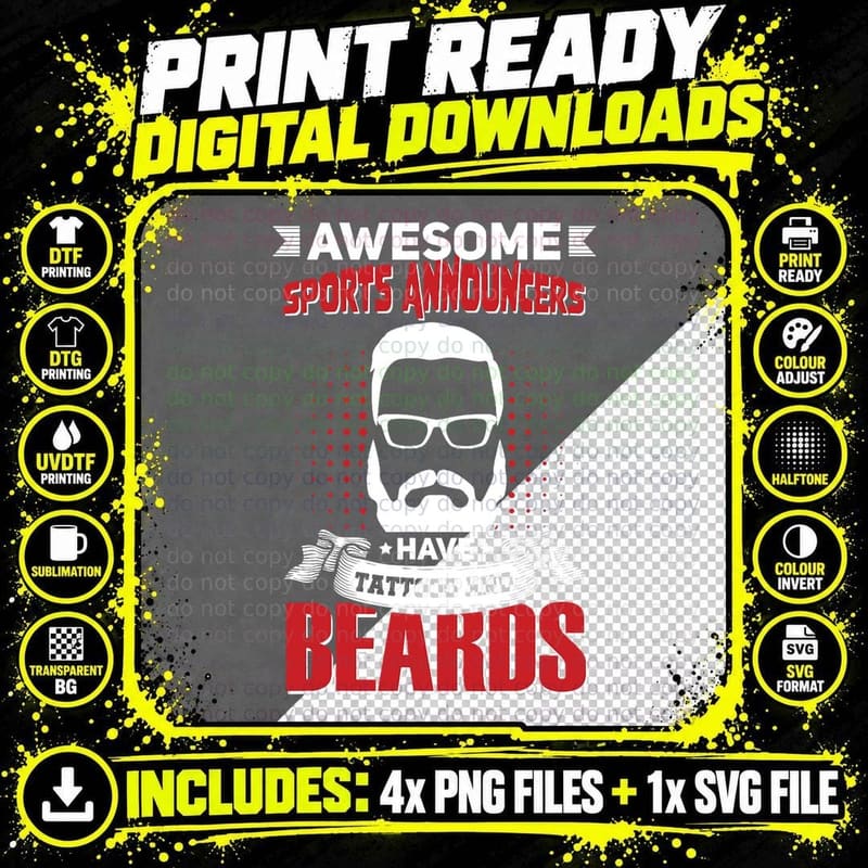 Sports Announcer Beard Tattoo T-Shirt Png SVG Digital Bundle