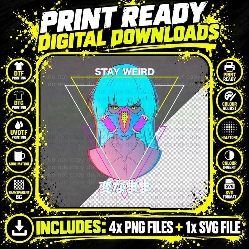 Stay Weird Pastel Goth Vaporwave Aesthetic Girl Gas Mask Png SVG Digital Bundle