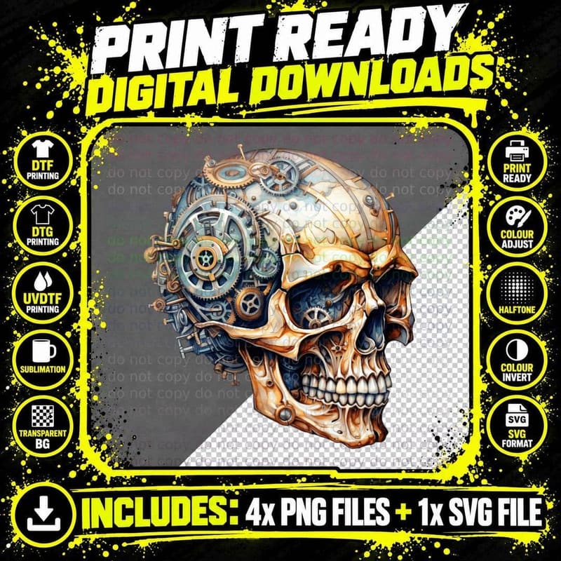 Steampunk Skull with Clockwork Gears T-Shirt Png SVG Digital Bundle
