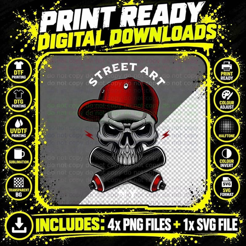 Street Art Ny Skull Red Cap Spray Cans Crossed T-Shirt Png SVG Digital Bundle