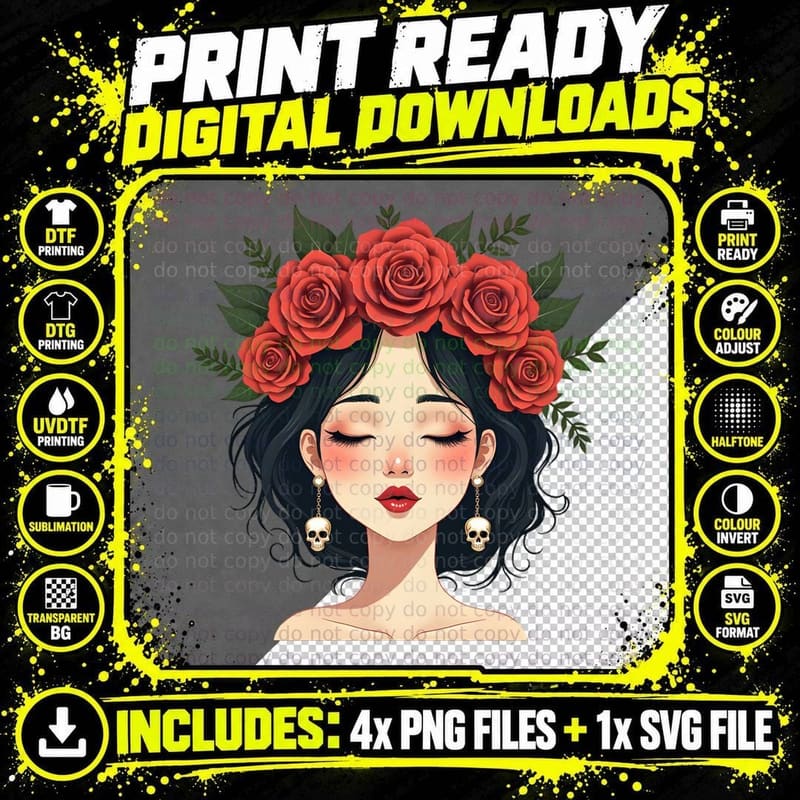 Stylized Sugar Skull Woman Closed Eyes Red Roses Gold Png SVG Digital Bundle