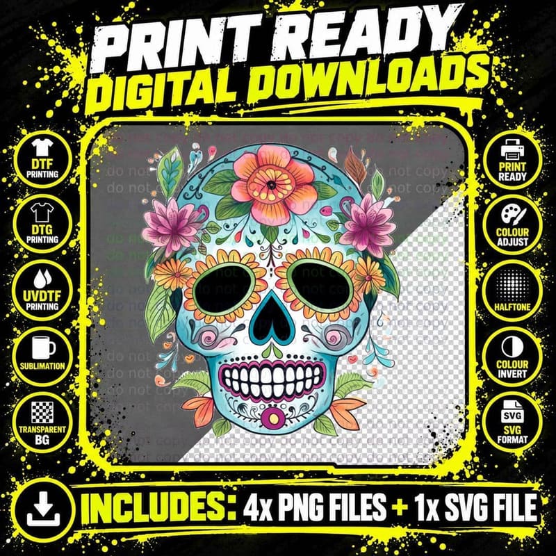 Sugar Colorful Flower Skull Dia De Los Muertos Day of Png SVG Digital Bundle