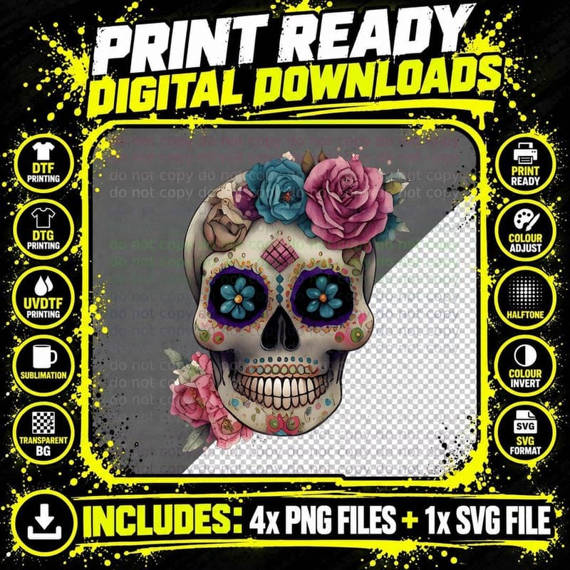 Sugar Skull Day of the Dead Cool Bone Head Skulls T-Shirt Png SVG Digital Bundle