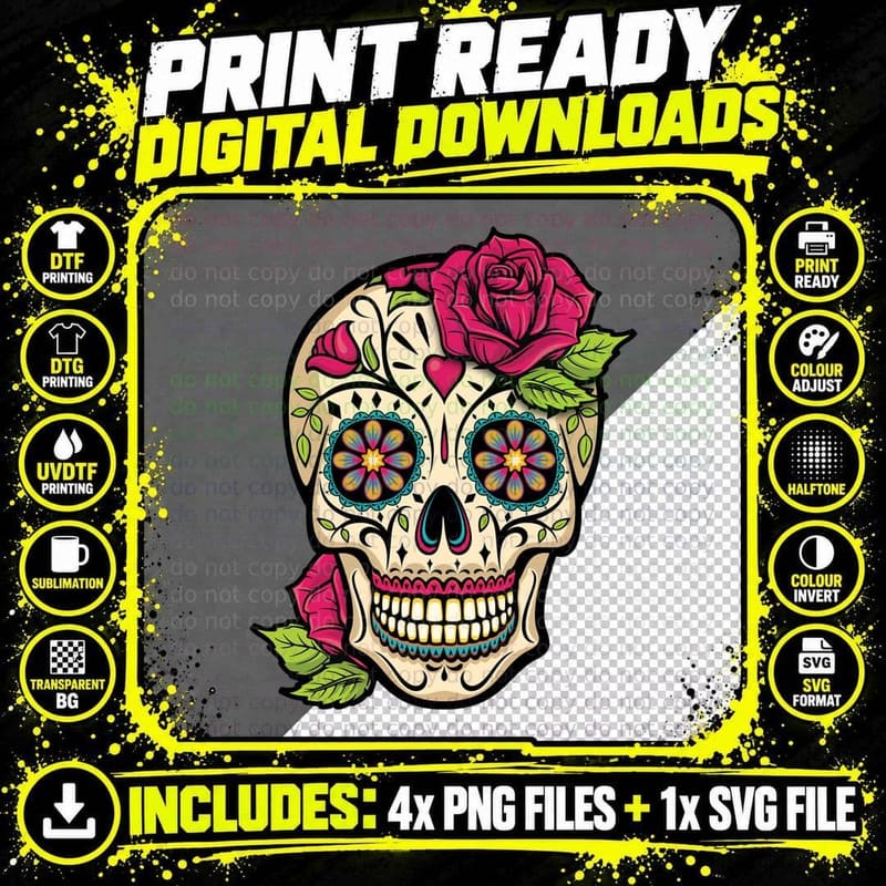 Sugar Skull Day of the Dead Dia De Los Muertos Flowers Png SVG Digital Bundle