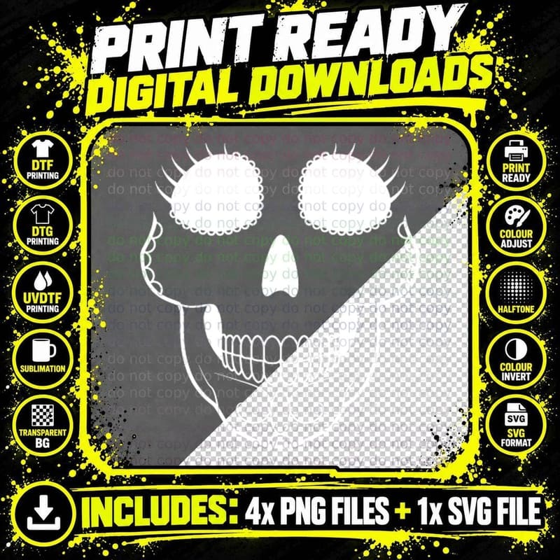 Sugar Skull Face with Eyelashes T-Shirt Png SVG Digital Bundle