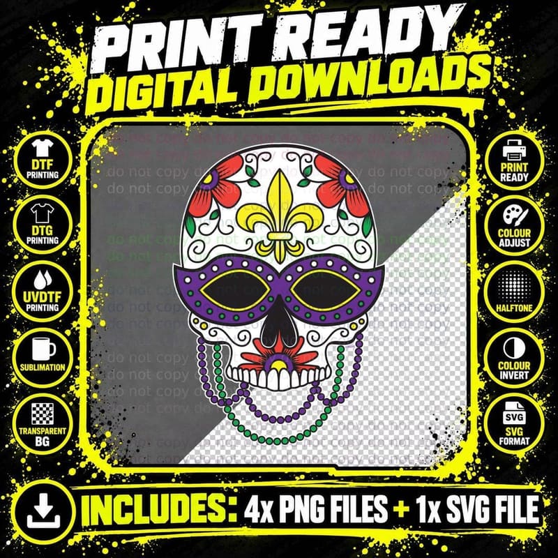 Sugar Skull Mardi Gras Day of the Dead Dia De Muertos Png SVG Digital Bundle