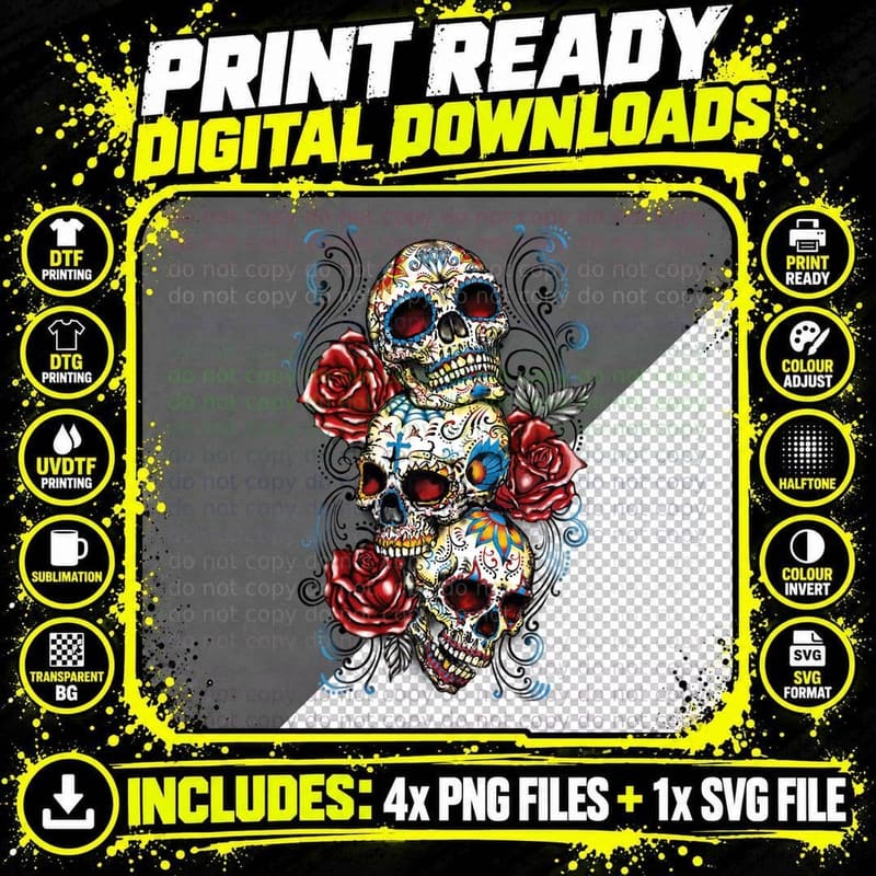 Sugar Skull T Shirt Roses Three Skull Tshirt Day of the Png SVG Digital Bundle