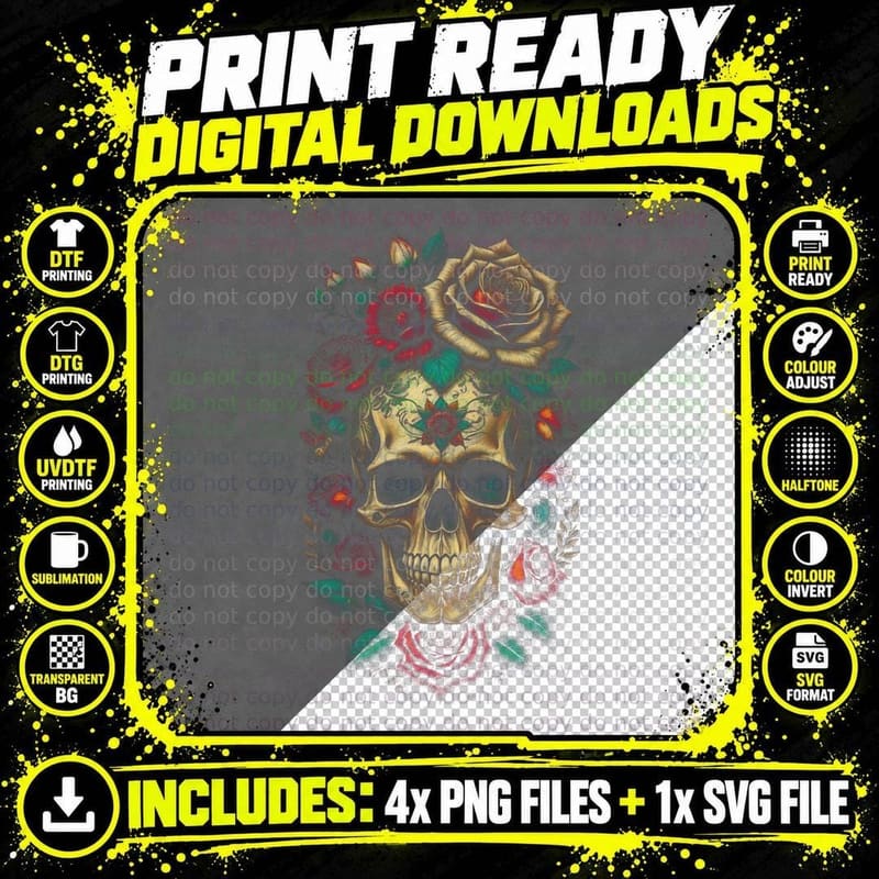 Sugar Skull with Roses T-Shirt, Dia De Los Muertos Print Png SVG Digital Bundle