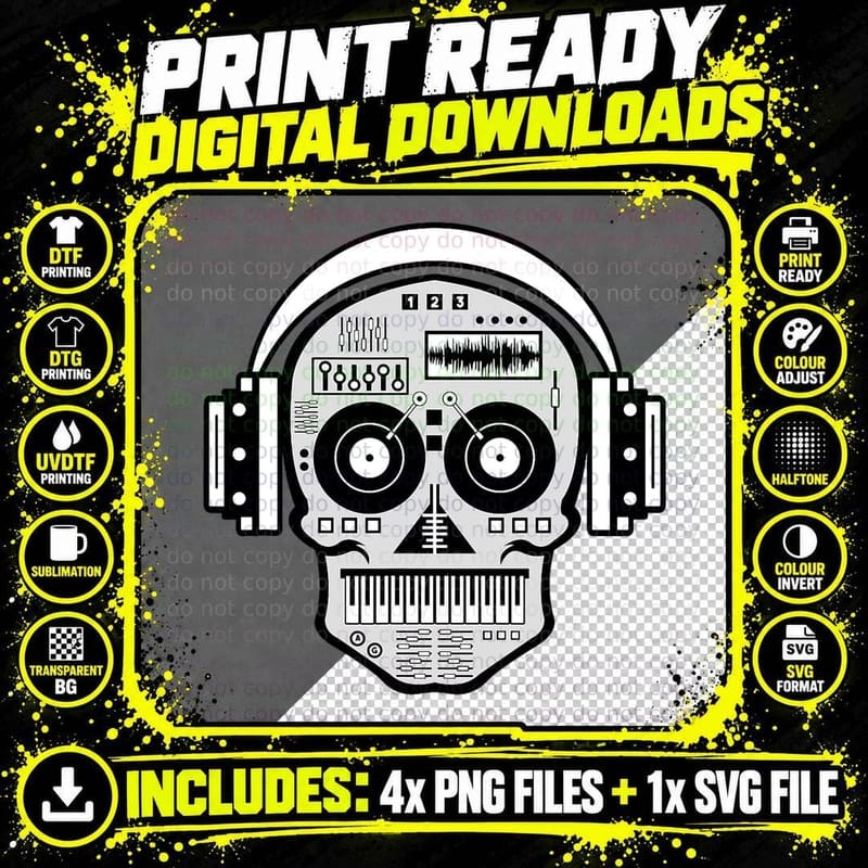 Sugarskull DJ Table Shirt Skull Disc Jockey Headphones Png SVG Digital Bundle