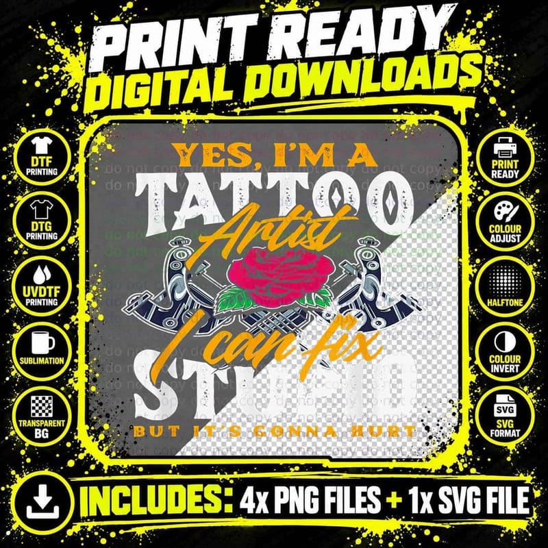 Tattoo Artist Fixing Rose T-Shirt, Tribal Style Png SVG Digital Bundle