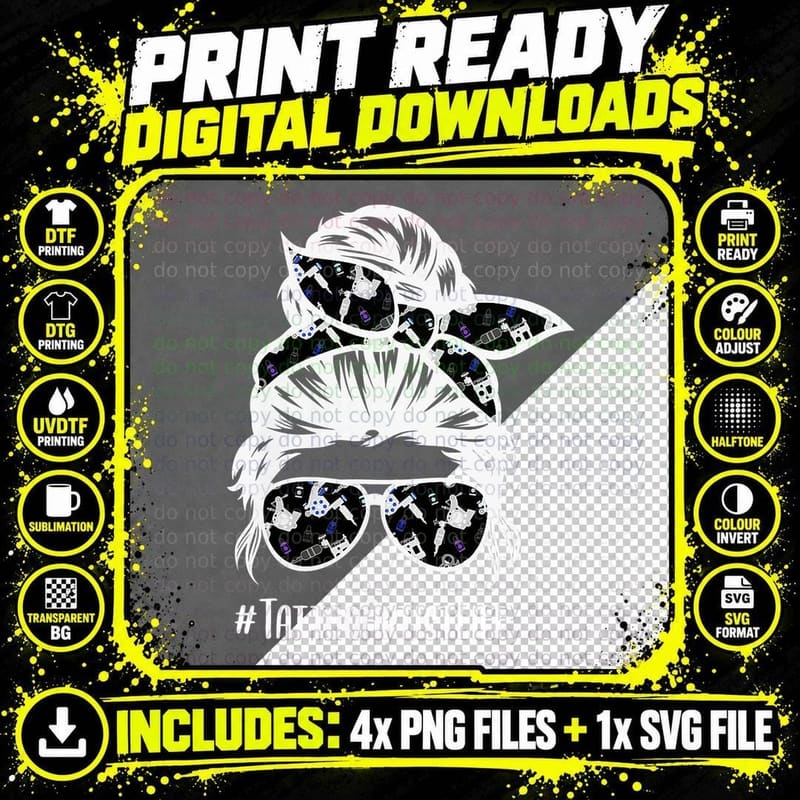 Tattoo Artist Life Inked Bandana Messy Hair Bun Woman Png SVG Digital Bundle