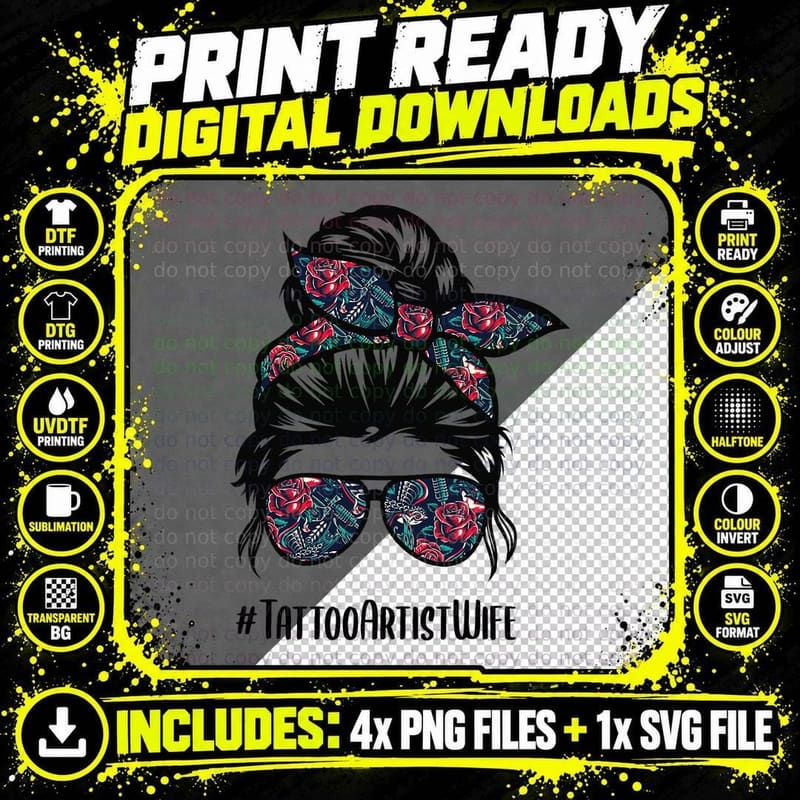 Tattoo Artist Wife Life Messy Bun Hair Glasses T-Shirt Png SVG Digital Bundle