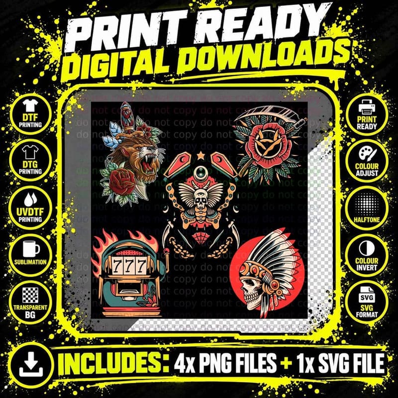 Tattoo Grid 777 of Designs with Skull Rose Multi Slot Png SVG Digital Bundle