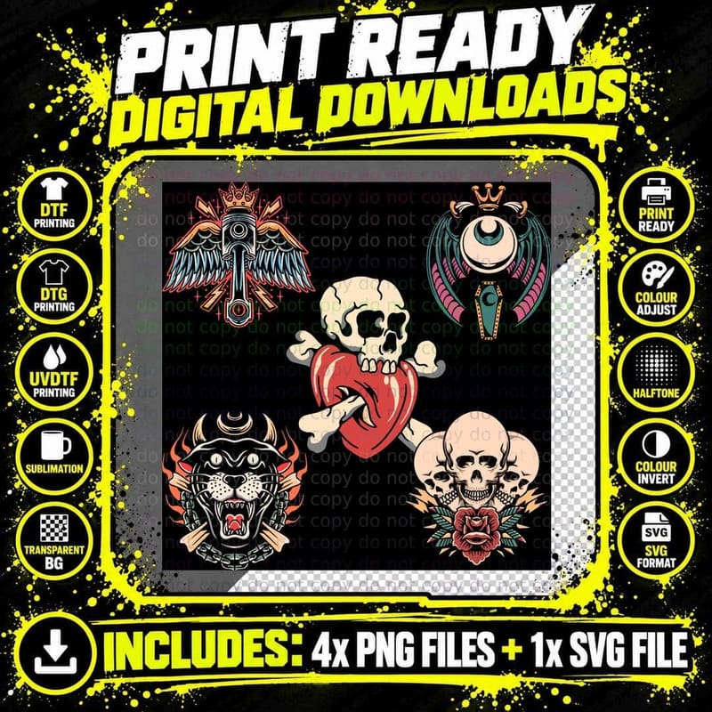 Tattoo Grid Multi Skull Designs T-Shirt Png SVG Digital Bundle