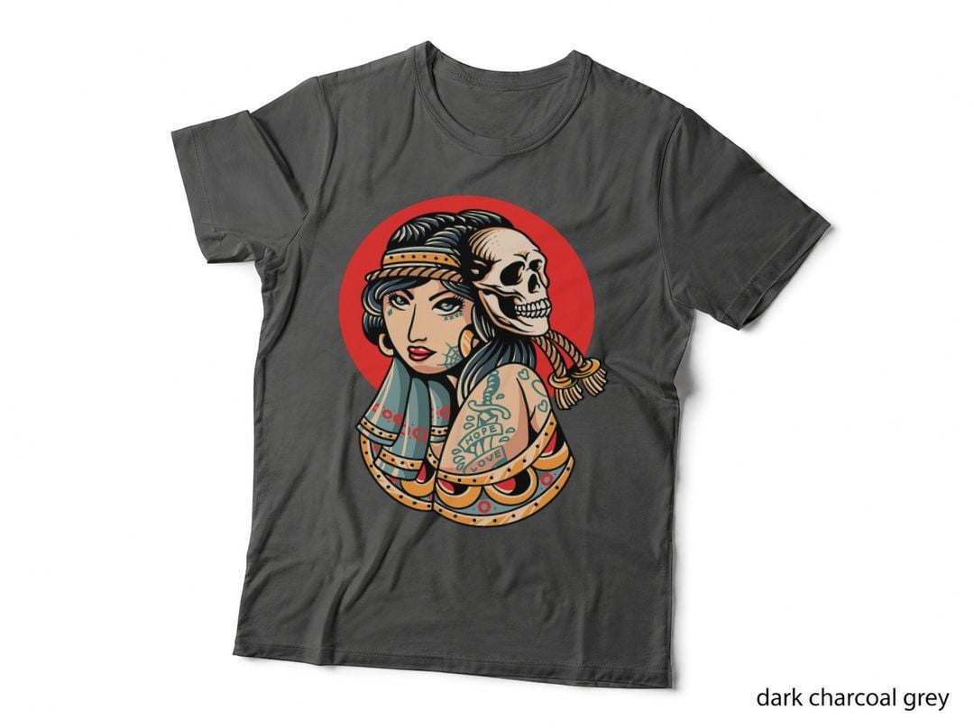 Tattoo Skull Woman T-Shirt, Gothic Tribal Style, Dark Artwear