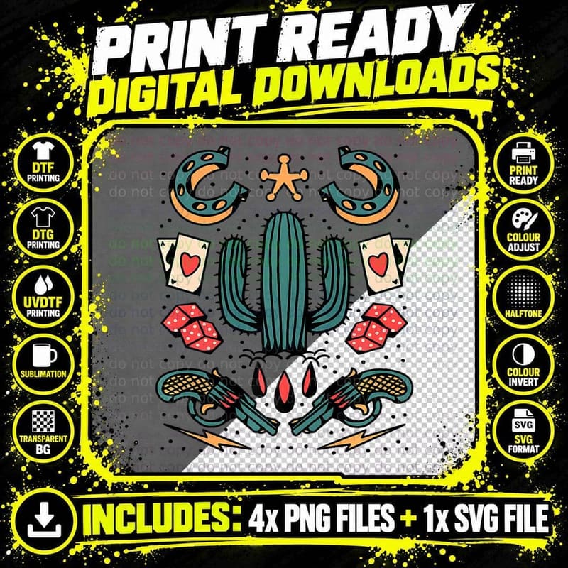 Tattoo Style Cactus Guns T-Shirt, Western Desert Vibes Png SVG Digital Bundle