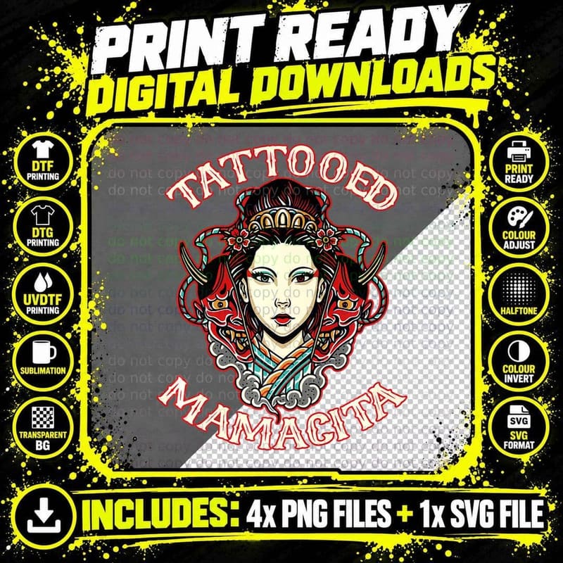 Tattooed Mamacita, Traditional Hannya Tattoo Gift T-Shirt Png SVG Digital Bundle