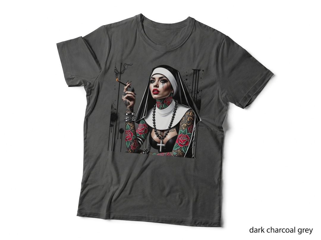 Tattooed Nun Smoking Gothic Rebel Religious Art Inked Aesthetic T-Shirt
