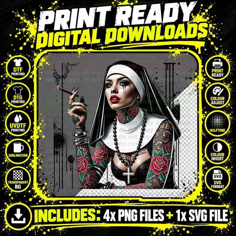 Tattooed Nun Smoking Gothic Rebel Religious Art Inked Png SVG Digital Bundle
