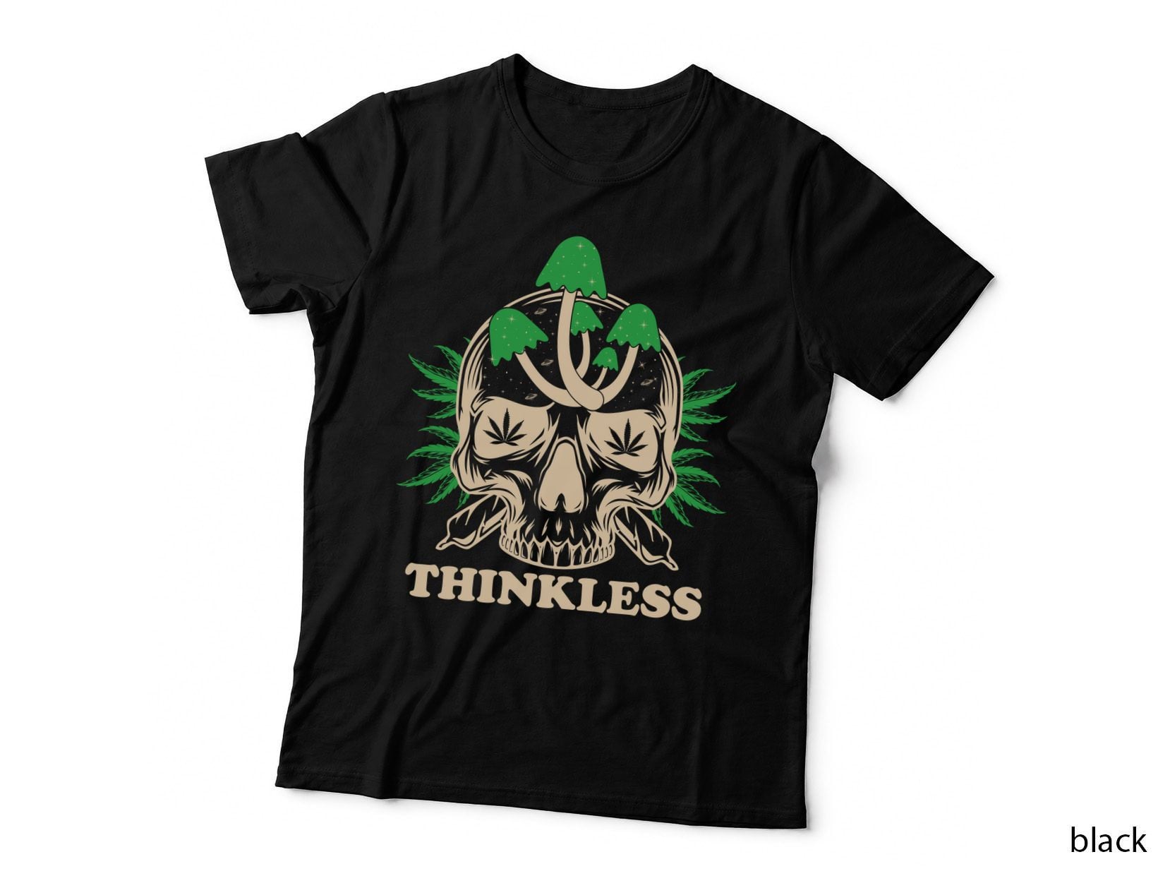 Thinkless Skull Cannabis with Leaf Beard and Neutral Expression T-Shirt