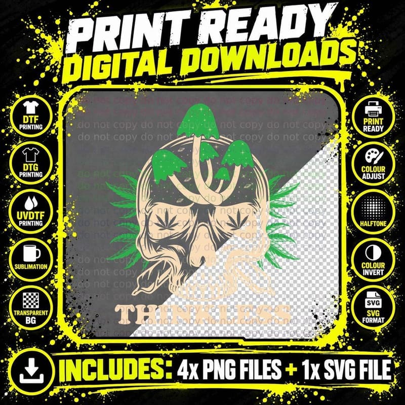 Thinkless Skull Cannabis with Leaf Beard and Neutral Png SVG Digital Bundle