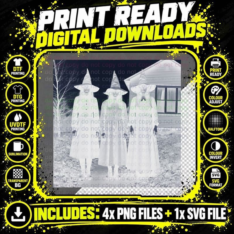 Three Witchy Women Black White Gothic Witches T-Shirt Png SVG Digital Bundle