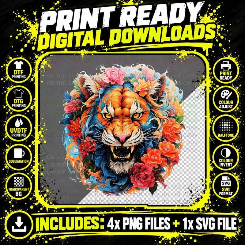 Tiger and Flowers Tattoo Art Lovers T-Shirt Png SVG Digital Bundle
