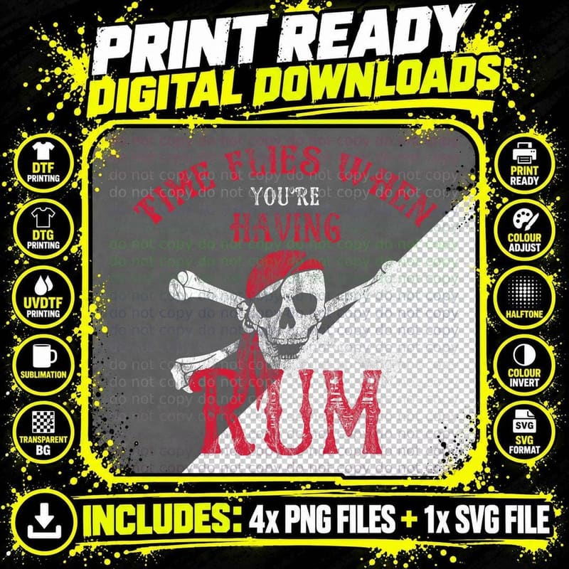 Time Flies When You're Having Rum Fun Pirate Skull Png SVG Digital Bundle