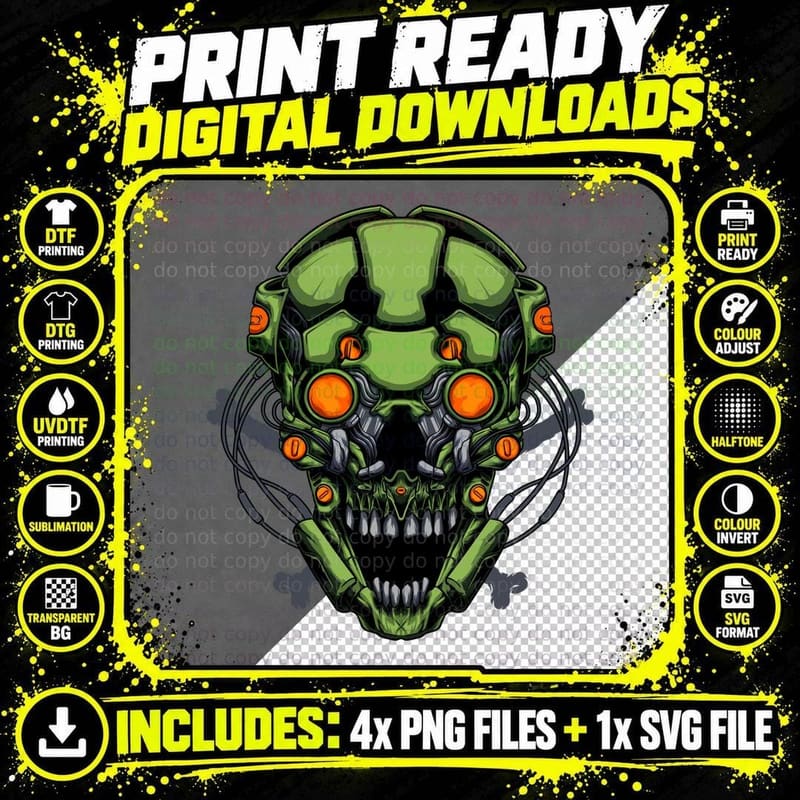 Toxic Skull Cyberpunk Neon Green Tech T-Shirt Png SVG Digital Bundle
