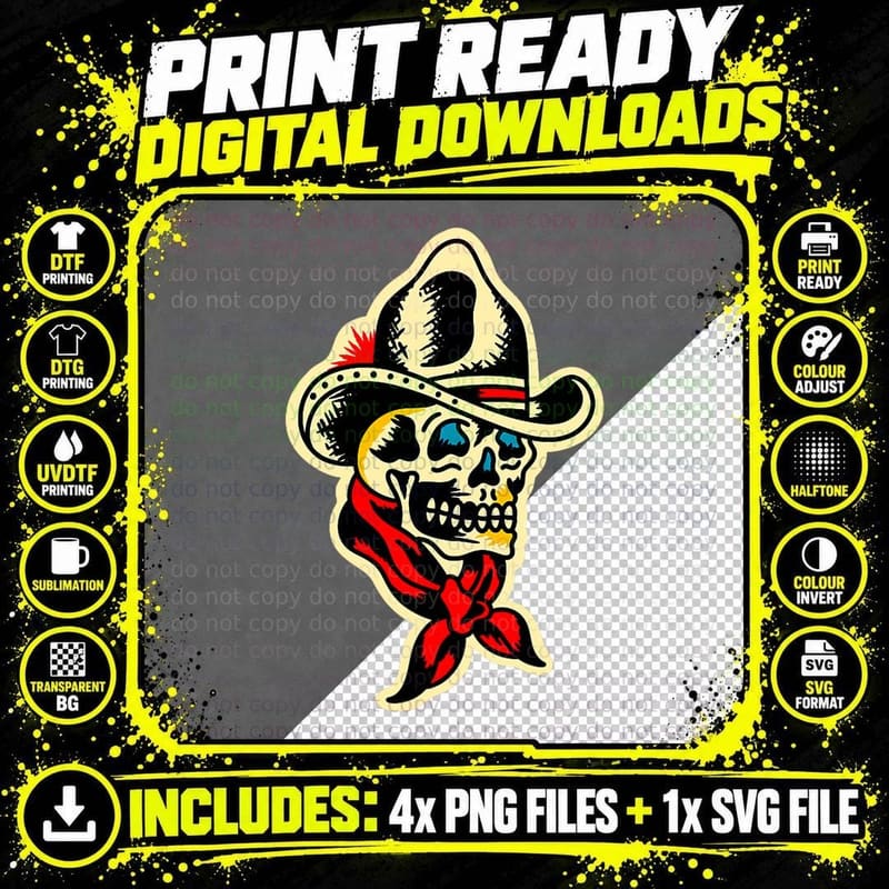 Traditional Cowboy Skull Tattoo T-Shirt Png SVG Digital Bundle