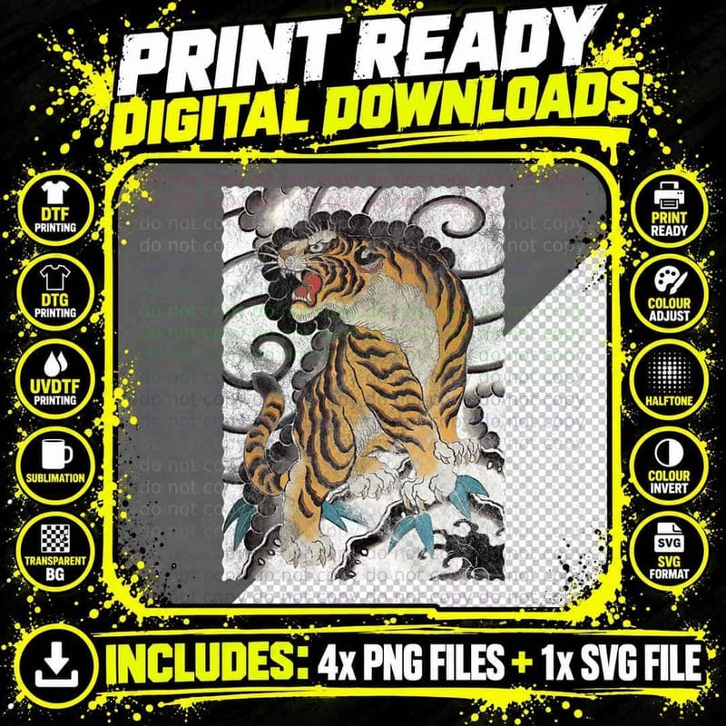 Traditional Japanese Tiger Tattoo Style Asian Artwear Png SVG Digital Bundle