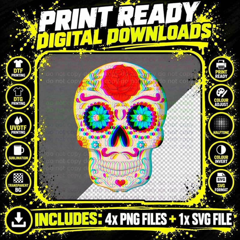 Trippy Sugar Skull Psychedelic Glitch T-Shirt Png SVG Digital Bundle