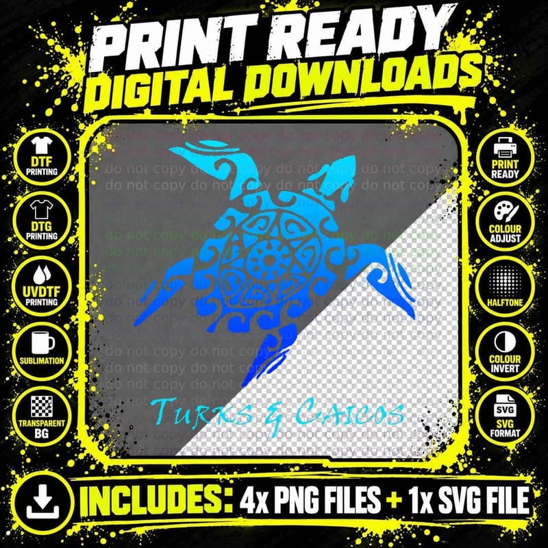 Turks & Caicos Tribal Turtle Polynesian Tattoo Style Png SVG Digital Bundle