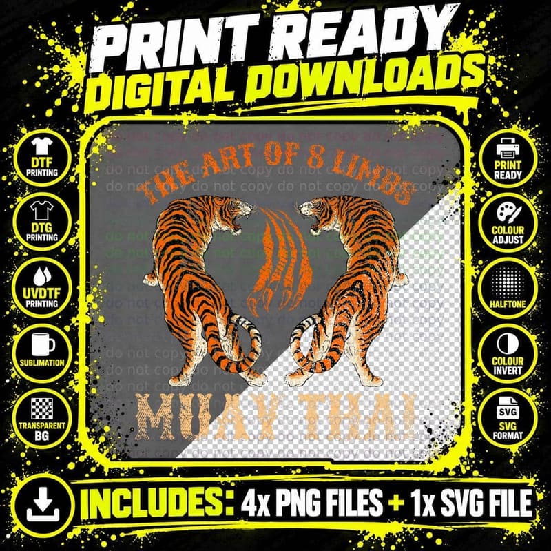 Twin Tigers the Art of 8 Limbs Sak Yant Tattoo Muay Thai Png SVG Digital Bundle