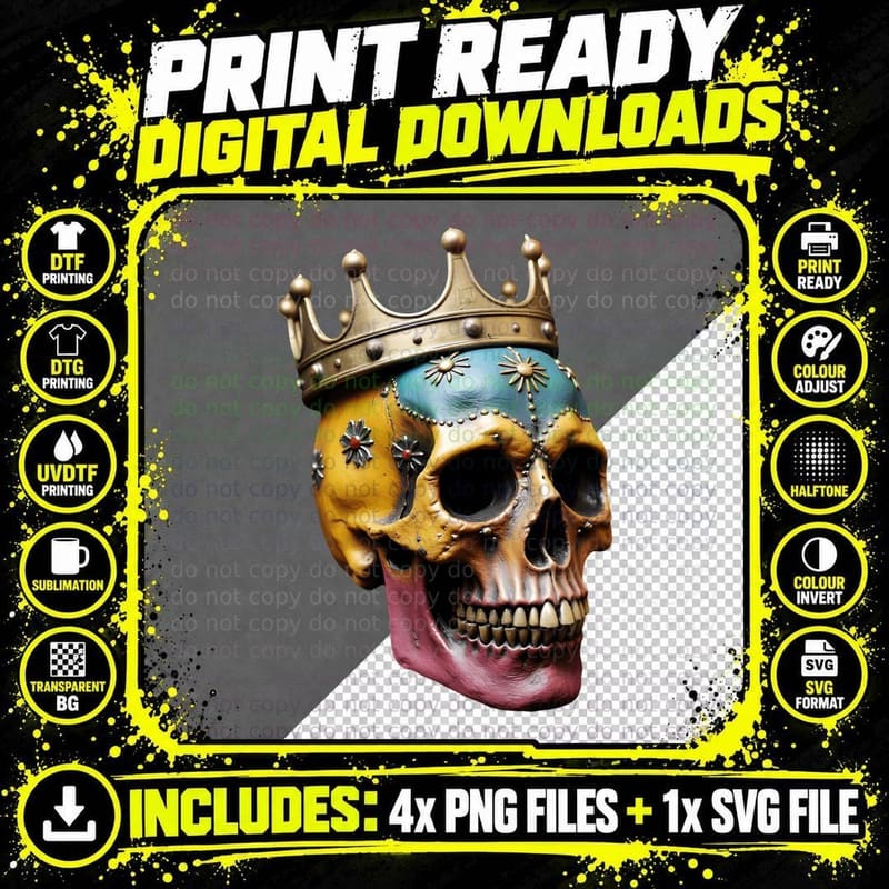 Two-Toned Skull Yellow Blue Gold Crown T-Shirt Png SVG Digital Bundle