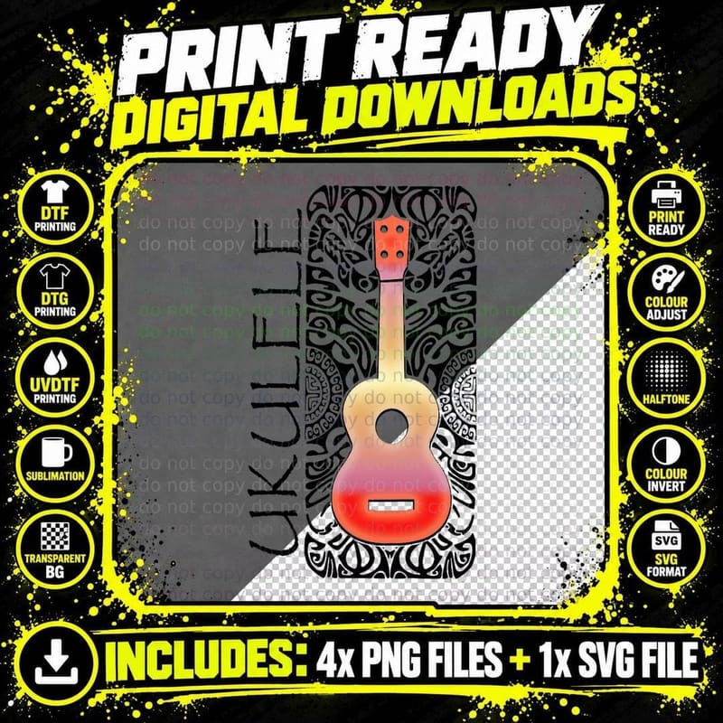 Ukulele Tattoo Tribal Pattern - Hawaiian Music T-Shirt Png SVG Digital Bundle