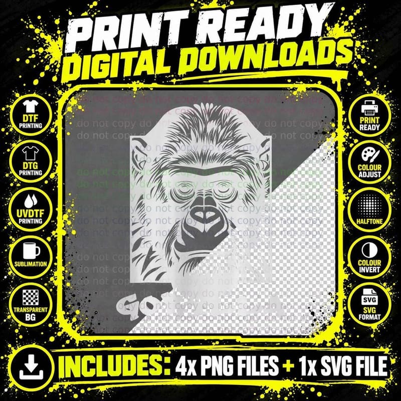 Urban Gorilla Ape Monkey Face - Graffiti Tattoo Style Png SVG Digital Bundle