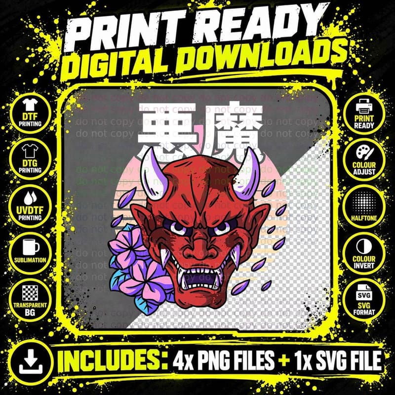 Vaporwave Japanese Demon Face Skull Devil Cherry Blossom Png SVG Digital Bundle