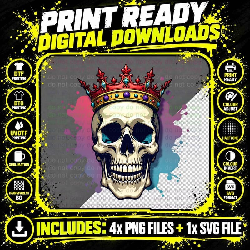 Vibrant Skull Glowing Eyes Crown T-Shirt Png SVG Digital Bundle