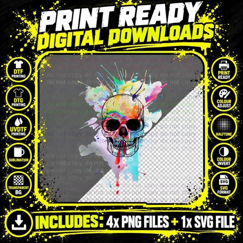 Watercolor Rainbow Skull T-Shirt, Artistic Skull Design Png SVG Digital Bundle