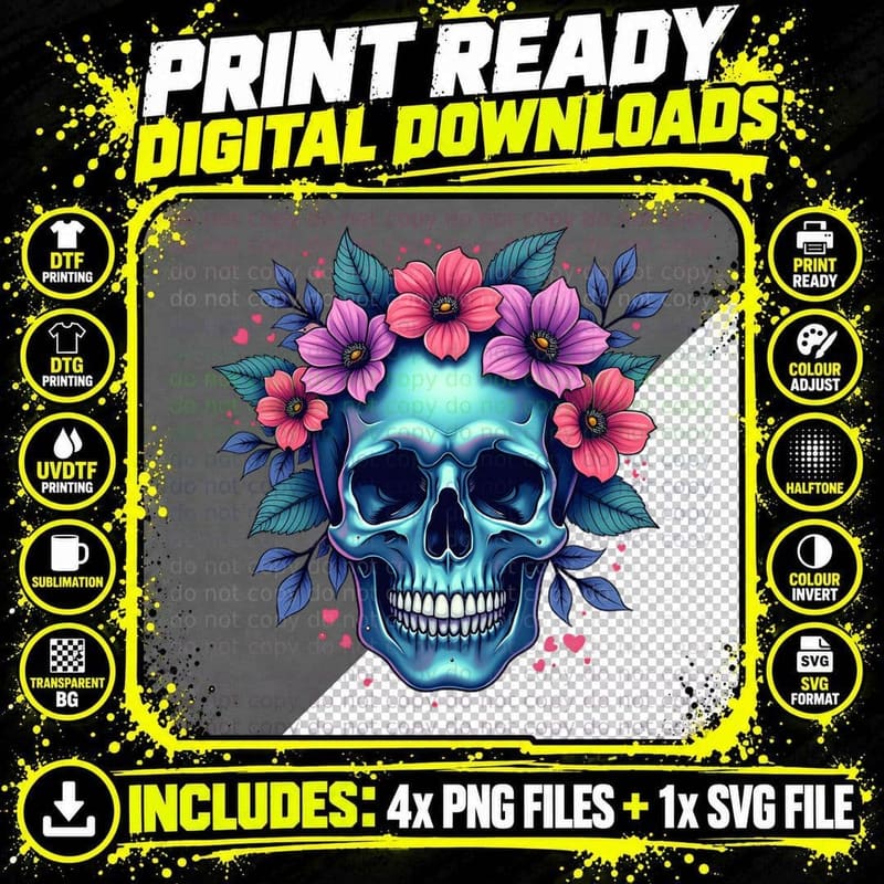 Watercolor Skull Artistic Pink Purple Blue Flowers Png SVG Digital Bundle