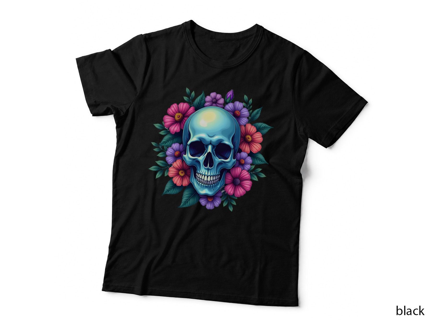Watercolor Skull Pink Purple Blue Flowers Artistic Gothic Ethereal T-Shirt