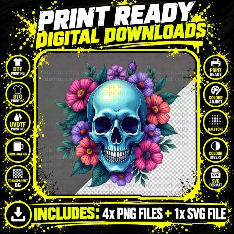 Watercolor Skull Pink Purple Blue Flowers Artistic Png SVG Digital Bundle
