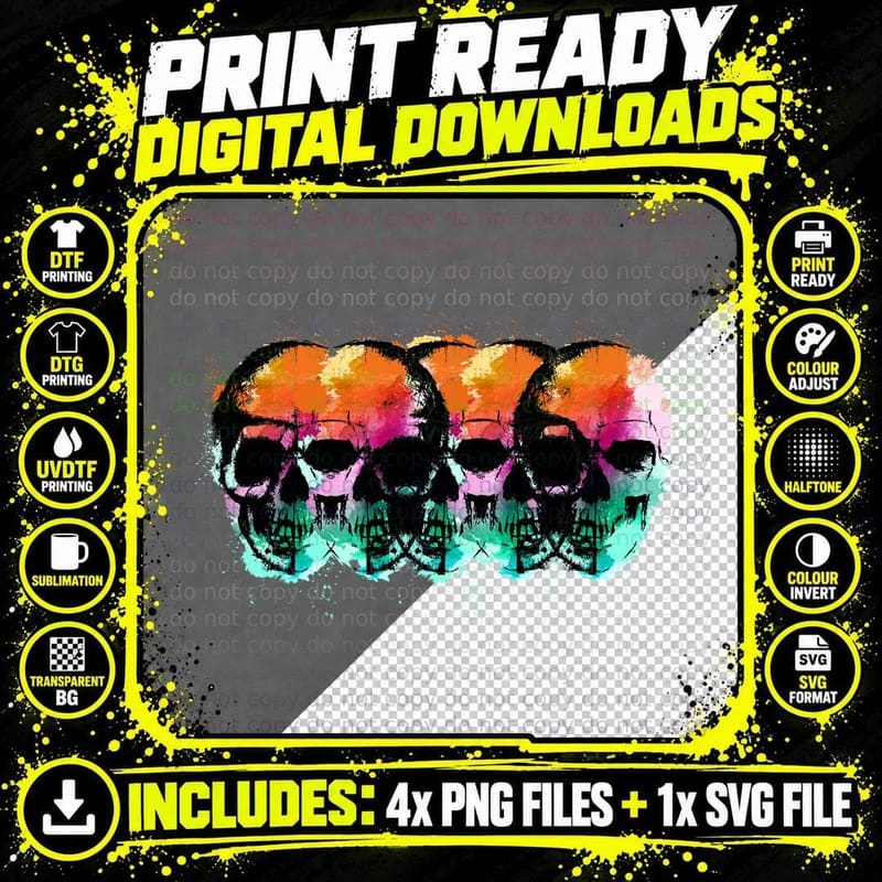 Watercolor Skull T-Shirt, Gothic Art, Dark Aesthetic Png SVG Digital Bundle