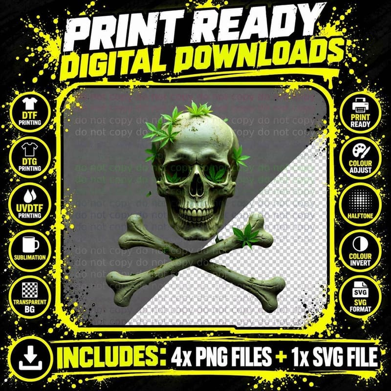 Weathered Skull and Crossbones with Marijuana Leaves Png SVG Digital Bundle