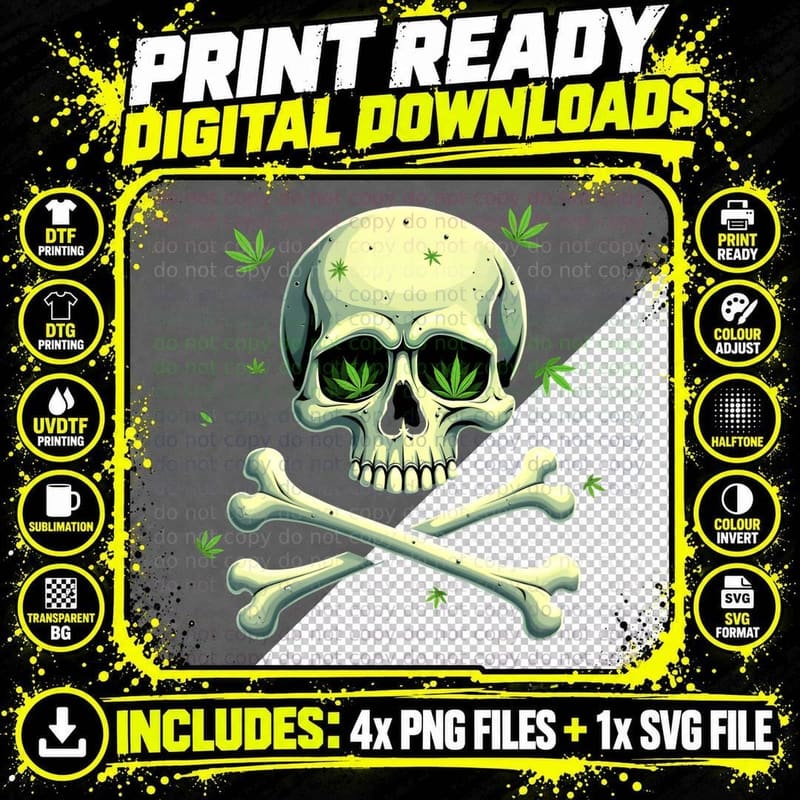 Weed Skull and Crossbones with Cannabis Leaves Graphic Png SVG Digital Bundle