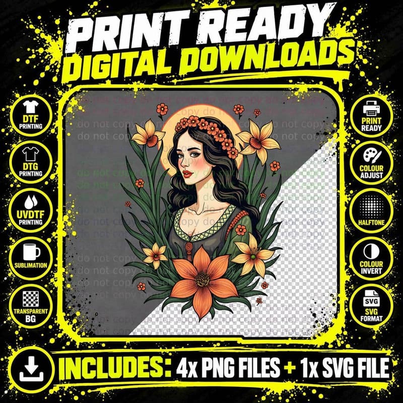 Welsh Lady & Flowers Intricate Tattoo T-Shirt Png SVG Digital Bundle