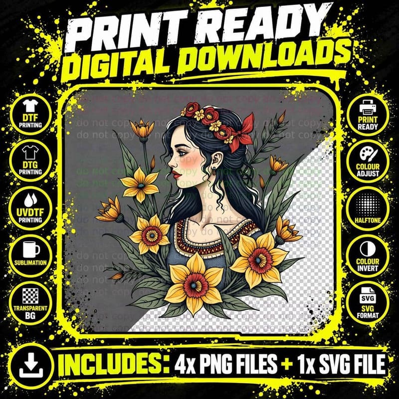 Welsh Lady Daffodils Tattoo T-Shirt Png SVG Digital Bundle