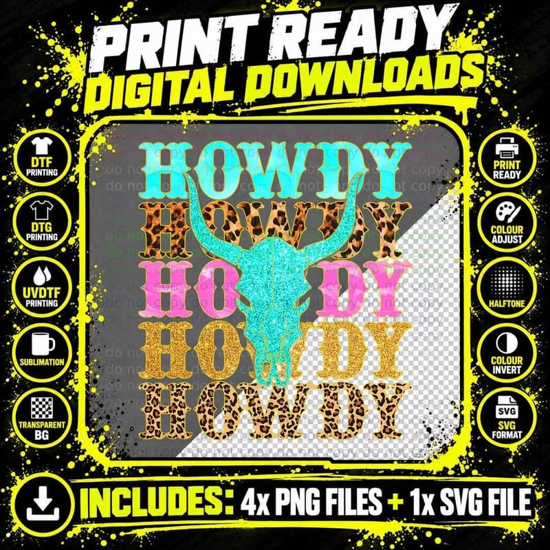 Western Country Leopard Howdy Bull Skull Cowgirl Rodeo Png SVG Digital Bundle