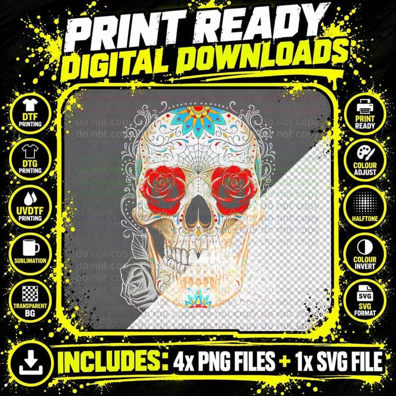 White Cream Sugar Skull Red Roses Ornate Gold Mexican Png SVG Digital Bundle